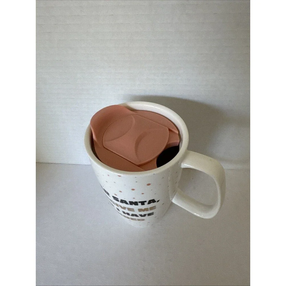 Frankie Grey Dear Santa Forgive Me For I Have Ginned Mug W/Lid Pink Wht Gold 6
